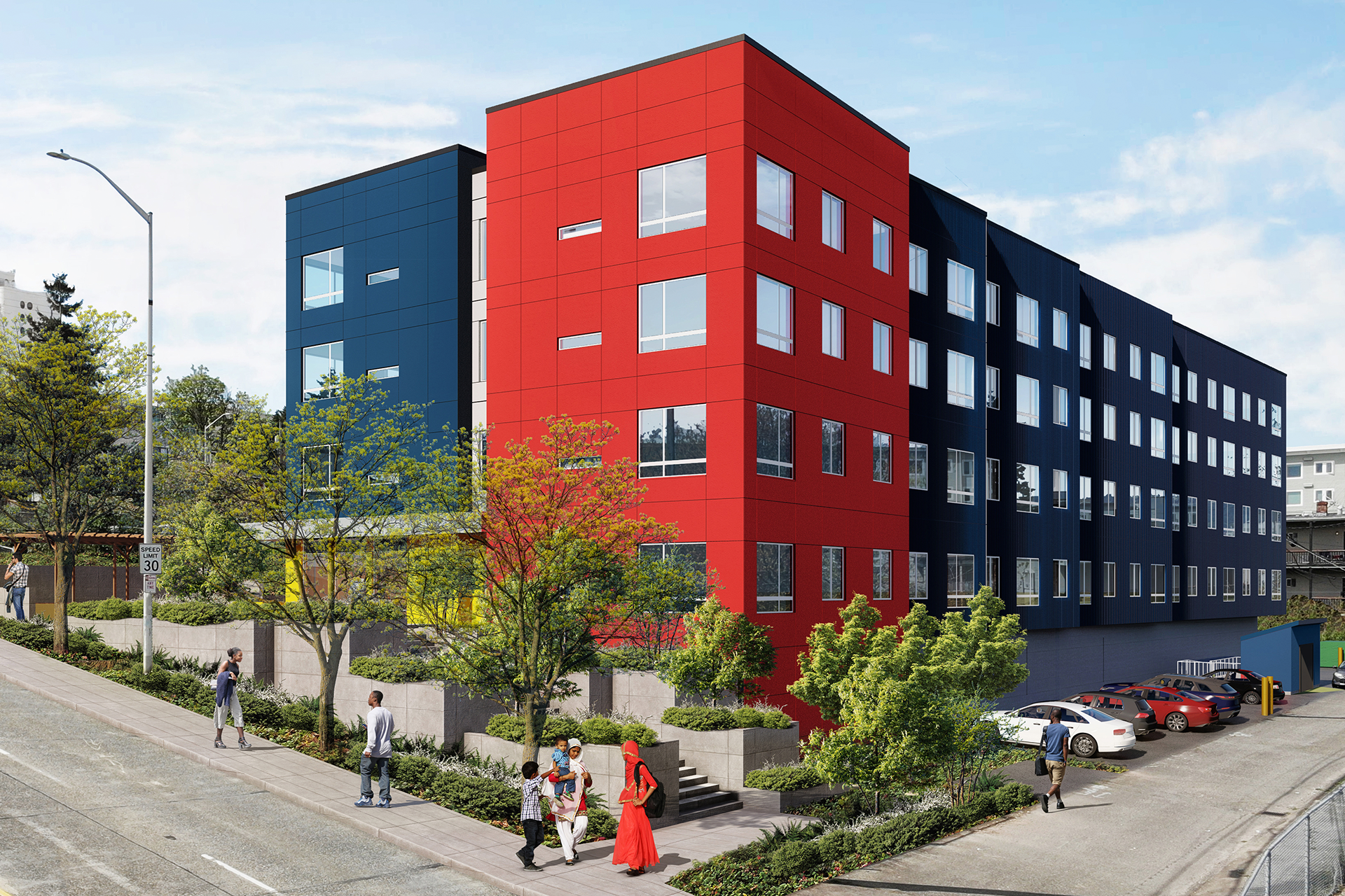 An artistic rendering of the Hillside Terrace building shows a red and blue exterior with parking at the ground floor.
