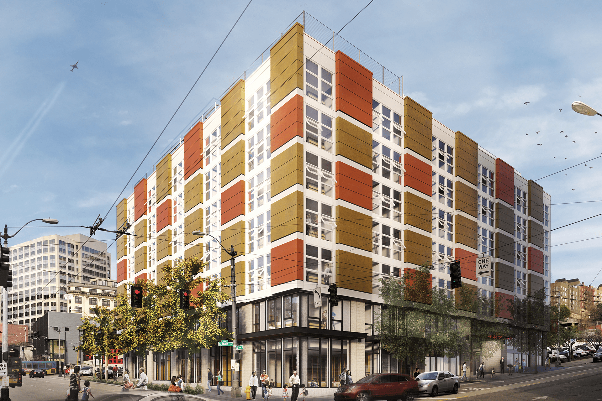 An artistic rendering of Hirabayashi Place features a playful exterior with orange and yellow siding and a ground floor for retail.