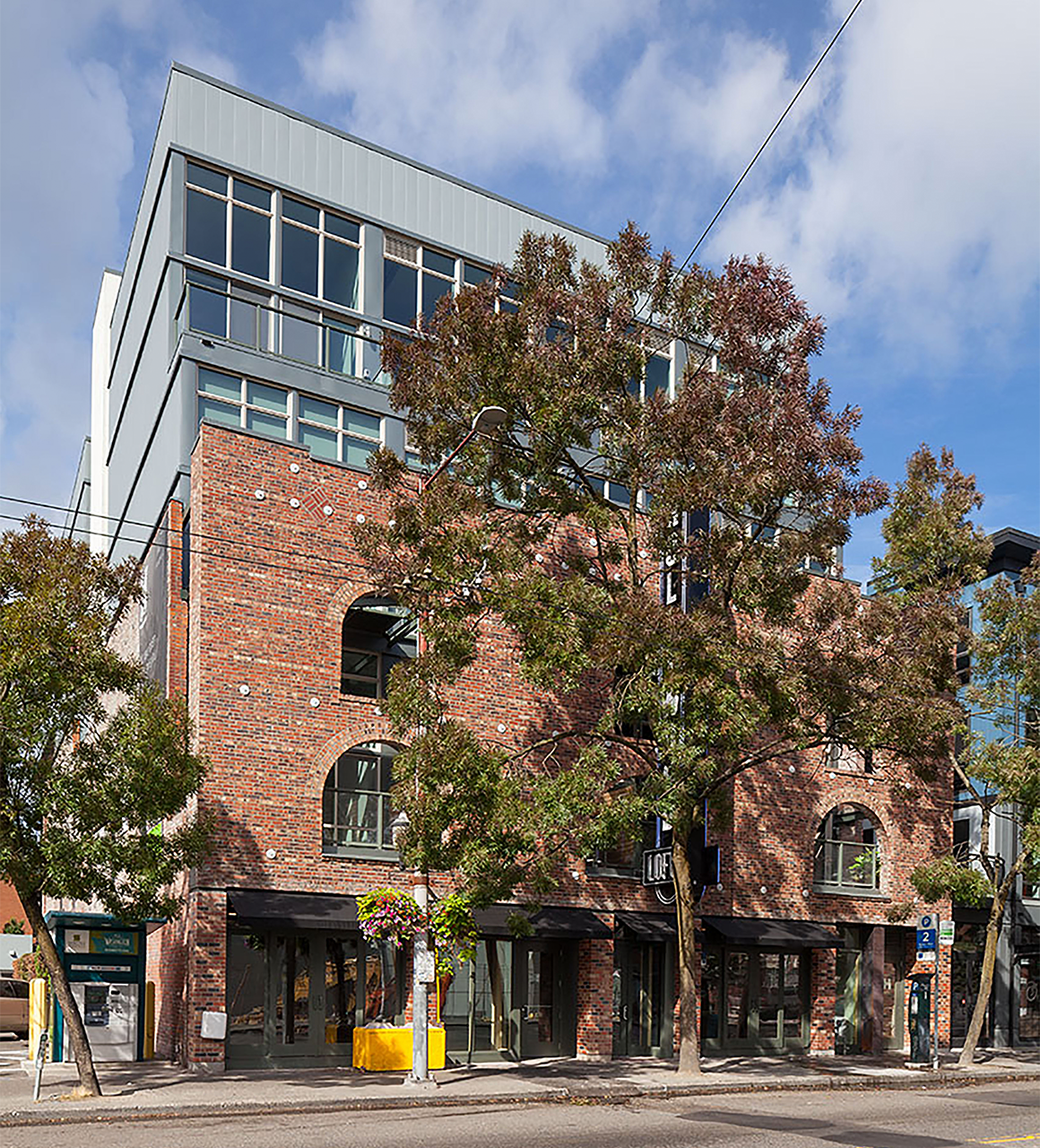 The Hollywood Lofts building is mostly red brick with large, rounded windows. Upper floors are painted gray and have tall square windows. A green and brown tree obscures some of the building.
