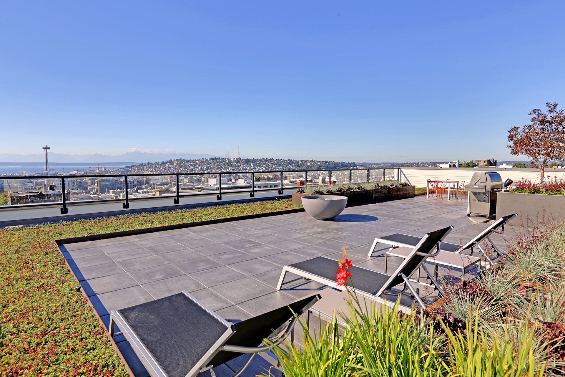 The view from the neatly manicured top of the Lexicon Apartments building has a view of Seattle on a sunny day, including mountains and the Space Needle.