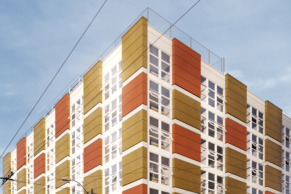 An artistic rendering of Hirabayashi Place features a playful exterior with orange and yellow siding.